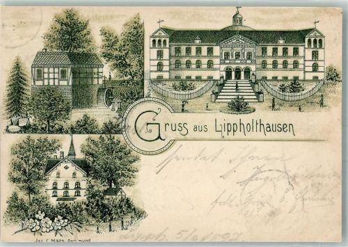 Lippholthausen 1897 Lithographie Wassermühle Herrschaftl. Herrenhaus v. Josef Maas beschnitten