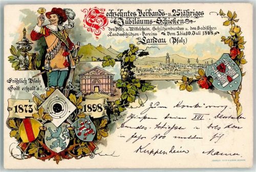 Landau 16. Vebands- und 25 jähriges Jubiläums-Schiessen des Pfälz. und Mittelrhein.Schützenbundes und des Badischen Landesschützen-Vereins Juli 1898 Wappen