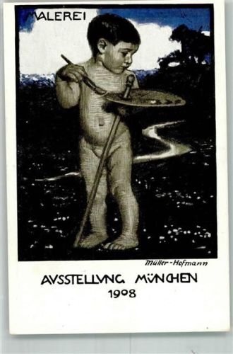 München 1908 Nr. 5 Malerei sign. Müller-Hofmann Kind mit einer Farbpalette