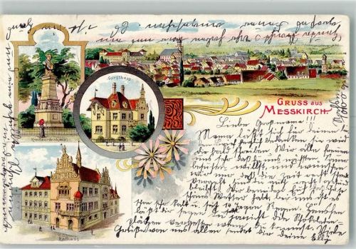Meßkirch 1899 Rathaus Forsthaus Kreutzerdenkmal Bahnpost Radolfzell-Sigmaringen Zug 562