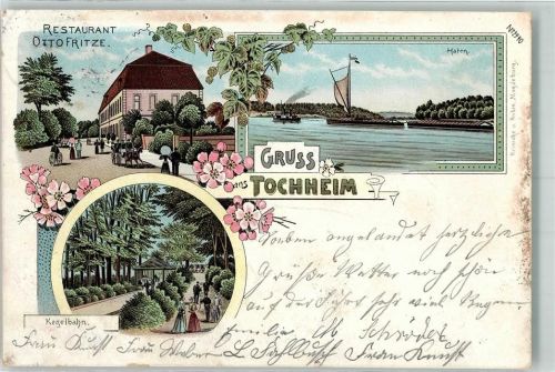 39264 O3401 Tochheim 1900 Lithographie Gasthaus Otto Fritze Hafen Kegelbahn