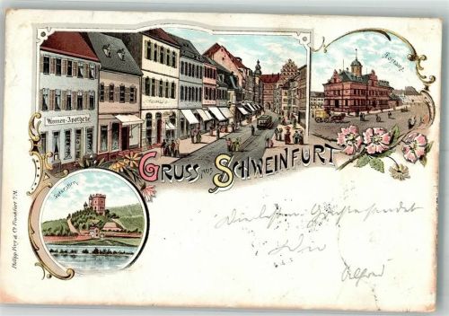 Schweinfurt 1897 Peterstirn Dorfstrasse Straßenbahn Brunnen Apotheke Postamt Postkutsche