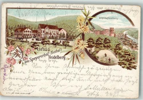 69115 W6900 Heidelberg , Neckar 1898 Gebrauchsspuren Lithographie Gasthaus Speyererhof Schloß Heidelberg Wappen