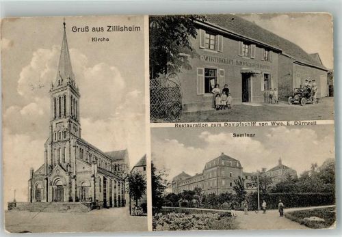 68720 Zillisheim 1914 Foto AK Gasthaus zum Dampfschiff Kirche Seminar Feldpost WK I