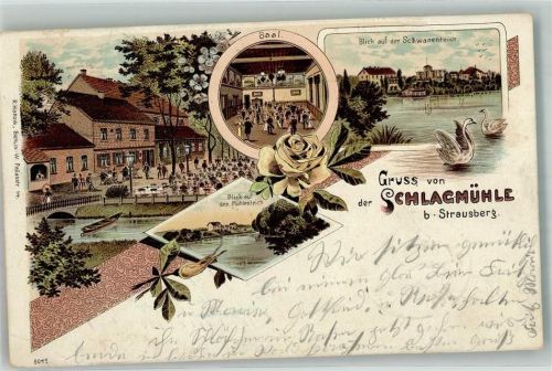 15344 O1260 Strausberg 1900 Gebrauchsspuren Lithographie Am Mühlenteich Gasthaus Schlagmühle Ballsaal Schwanenteich