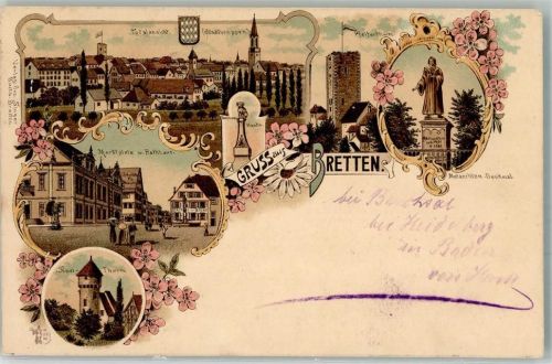 Bretten 1897 Marktplatz Rathaus Simel-Turm Melanchton Denkmal