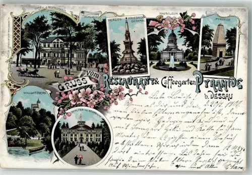 Dessau-Roßlau 1900 Lithographie Gasthaus Cafe Pyramiede Herzog Friedrich Denkmal Mausoleum