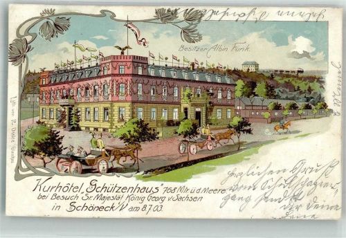 Schöneck 1905 Kurhotel Schützenhaus Kutschen Besuch von König Georg von Sachsen am 8.7.1903