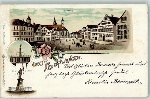 91555 W8805 Feuchtwangen 1903 Lithographie Röhrenbrunnen Marktplatz Kriegerdenkmal