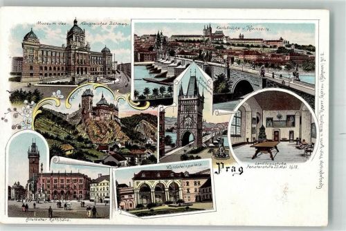 Prag Praha Lithographie Burg Karlstein Rathaus Karlsbrücke