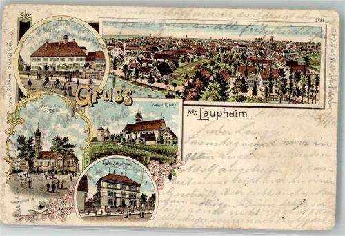 88471 W7958 Laupheim 1900 Gebrauchsspuren Lithographie Kath. Schulhaus Rathaus