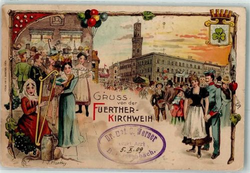 Fürth Kirchweih Harfe Geige Flöte Bierkrug Rettich sign J. Pluntky Lithographie/Künstlerkarte Bahnpost Nürnberg - Hof