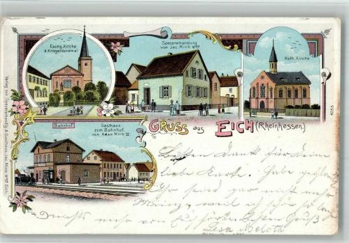 67575 W6528 Eich , Rheinhess 1902 BOAKC Lithographie Ev. Kirche Kriegerdenkmal Spezereihandlung Jac. Mink Wwe Kath. Kirche Bahnhof Gasthaus Zum Bahnhof Adam Mink IV Bahnpost Osthofen - Guntersblum Zug 499