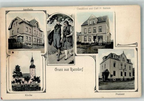 Limbach-Oberfrohna Rußdorf Trachtenpaar Post Kirche Apotheke Cafe Barnak