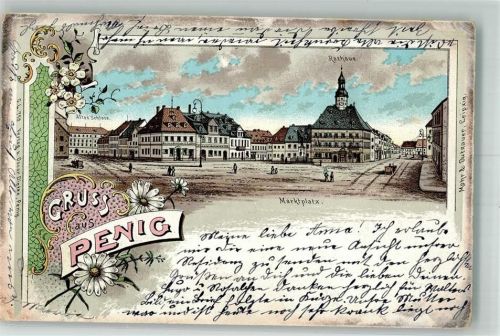 09322 O9294 Penig 1899 Gebrauchsspuren Lithographie Marktplatz Rathaus Altes Schloss