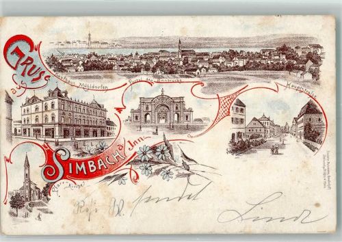 84359 W8346 Simbach a. Inn 1897 Lithographie Pfarrkirche Kaufhaus Mühldorfen Innbrücken-Portal Hauptstraße