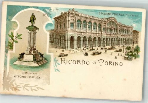 10100 Torino Turin Lithographie Denkmal Vittoria Emenuale II. Pferdestraßenbahn Stazione Centrale Porta Nuova