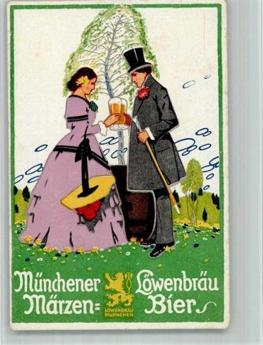 München Löwenbräu Brauerei Märzen Bier Biedermeier Liebespaar von Carl Moos Chromolithographie Kunstanstalt