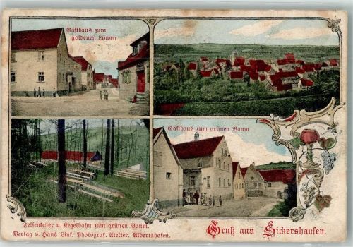 97318 W8710 Sickershausen 1915 - Gasthaus zum goldenen Löwen Gasthaus zum grünen Baum Kegelbahn