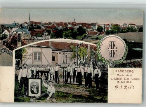 Radeberg 1906 Gauturnfest d. Mittel-Elbe-Gaues 1906 Turner Turnhalle Wappen Foto Turnvater Jahn