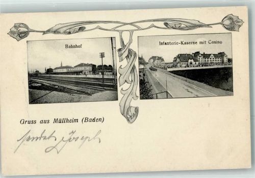 79379 W7840 Müllheim , Baden 1914 - Bahnhof Infanterie Kaserne mit Casino