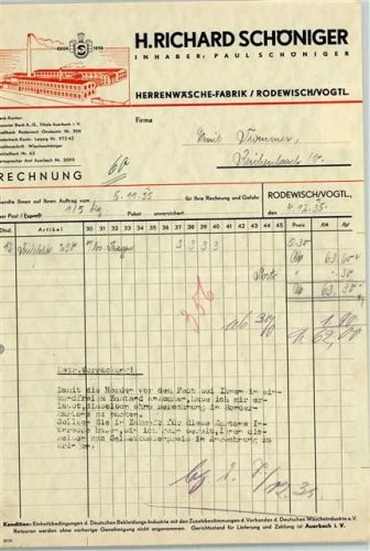 Rodewisch Rechnung von 1935 H. Richard Schöninger Herrenwäsche-Fabrik