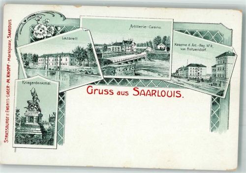 66740 W6630 Saarlouis Lithographie Lazarett Kriegerdenkmal Artillerie-Casino Artillerie-Kaserne Nr. 8