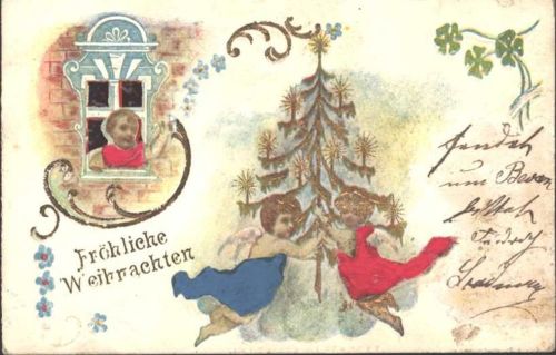 Engelskleidungsapplikationen aus Stoff montiert auf Weihnachts-AK von 1903, Fenster aus Folie
