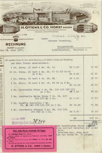Horst Rechnung von 1939 H. Ottens und Co Spinnerei Färberei Strumpffabriken