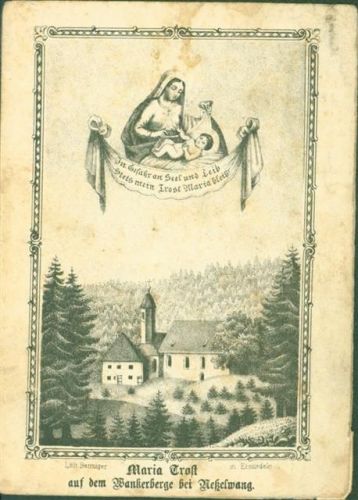 Nesselwang Maria Trost auf dem Wankerberg Innenseite Chronik Rückseite Gebet Lithographie