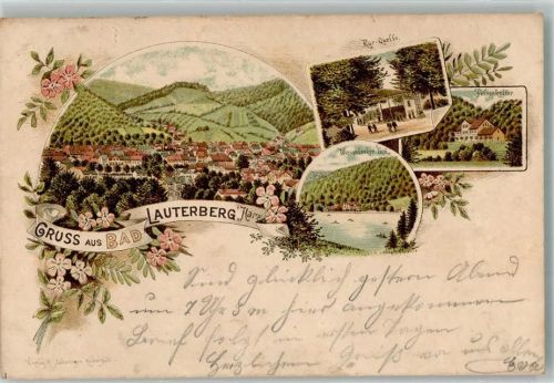 Bad Lauterberg 1895 Verläufer Druck um 1890 Kurquelle Felsenkeller Wiesenbeeker Teich