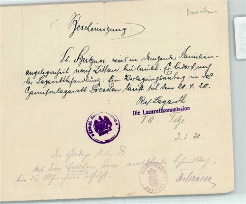Dresden Bescheinigung der Lazarettkommission von 1920
