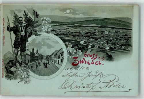 94227 W8372 Zwiesel 1902 Lithographie Wanderer Marktplatz Mondschein Verlag Ottmar Zieher-München