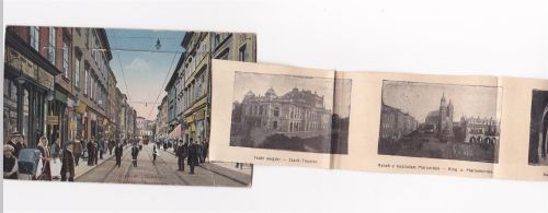 Krakau ausziehbarer Papierstreifen Straßenbahn Königschloss Stadt-Theater Ring Marienkirche Rathaus Bahnhof Tuchhalle Florianertor