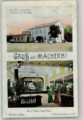 Machern 1908 Gasthaus zur Eisenbahn Saal Theater und Konzert-Bühne