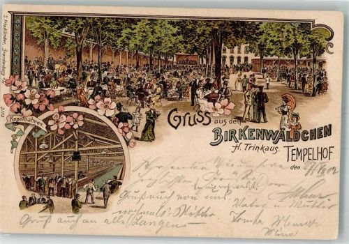 10115 W1000 Tempelhof 1902 Lithographie Gasthaus Birkenwäldchen Gartenwirtschaft Kegelbahn