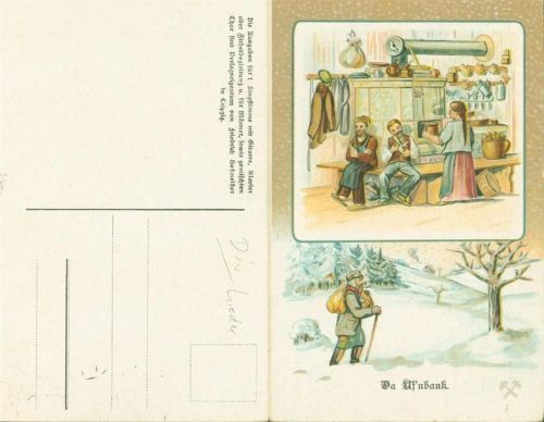 sign. Günther Künstlerkarte Da Uf´nbank Kachelofen Winter