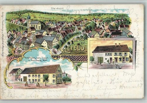 Allfeld 1905 Lithographie Gasthaus zum Engel Handlung Lipp Pfarrkirche St. Georg