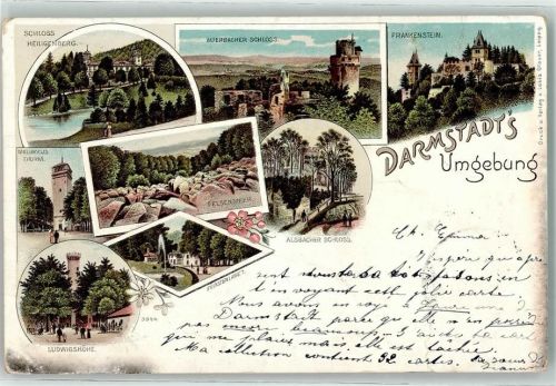 64283 W6100 Darmstadt 1897 Lithographie Ludwigshöhe Felsenmeer Schloß Auerbach Fürstenlager