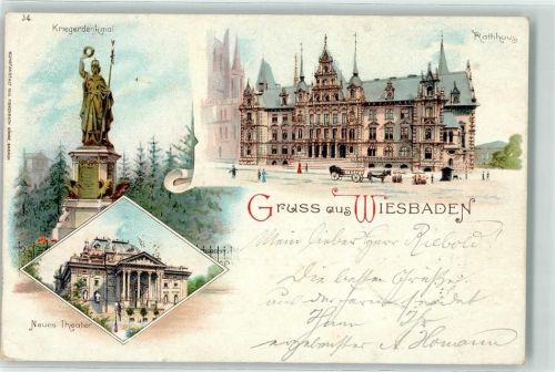 Wiesbaden 1898 Kriegerdenkmal Rathaus Neues Theater Stempel Soldatenbrief