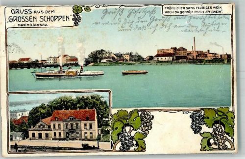 Maximiliansau 1909 Gasthaus zum grossen Schoppen Rhein Dampfer Weintrauben