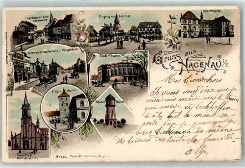 Haguenau 1901 Marienthal Wallfahrtskirche Wasserturm Ritterturm Landweg m. Hopfenhalle u. Postgebäude alte Hauptwache Eingang vom Bahnhof Bürgerhospital Lithographie