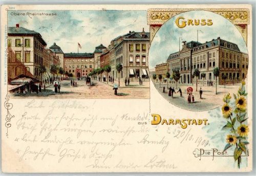 Darmstadt 1896 Post Obere Rheinstraße Lithographie