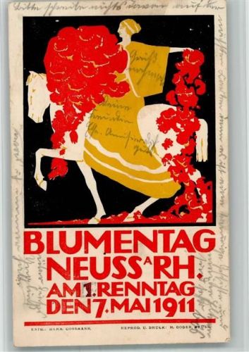 W4040 Neuss Entwurf : Herm. Cossmann Frau auf einem Pferd streut Blumen Blumentag 1911 BOAKC