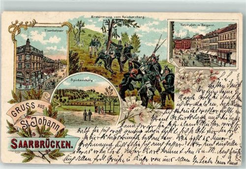 66111 W6600 Saarbrücken 1898 Gebrauchsspuren Bahnhofstraße Bergamt Straßenbahn Spichernberg Soldaten Lithographie