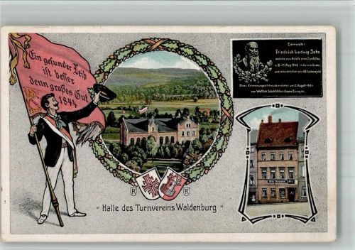 Waldenburg Lithographie Halle des Turnvereins Waldenburg Fahnenträger Wappen