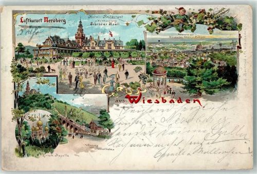 Wiesbaden 1900 Hotel-Gasthaus Neroberg Griechische Kapelle Weinberg mit Drahtseilbahn