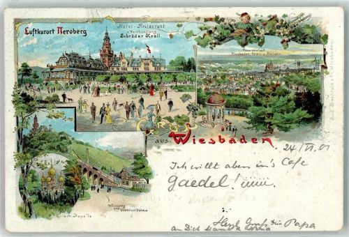65183 W6200 Wiesbaden 1901 Lithographie Neroberg Hotel Gasthaus Weinhandlung Gebrüder Krell Griechische Kapellle Tempel Bergbahn Weinberg Drahtseilbahn Reben Trauben Gruss