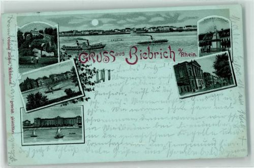 Biebrich 1898 Moosburg Schloss Unteroffizierschule Kriegerdenkmal Rathaus Raddampfer Mond segelboot Gruss