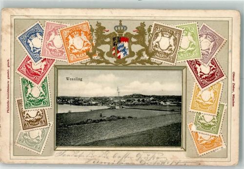 Weßling 1916 Prägedruck AK Briefmarken Wessling Stadtwappen Verlag Ottmar Zieher-München